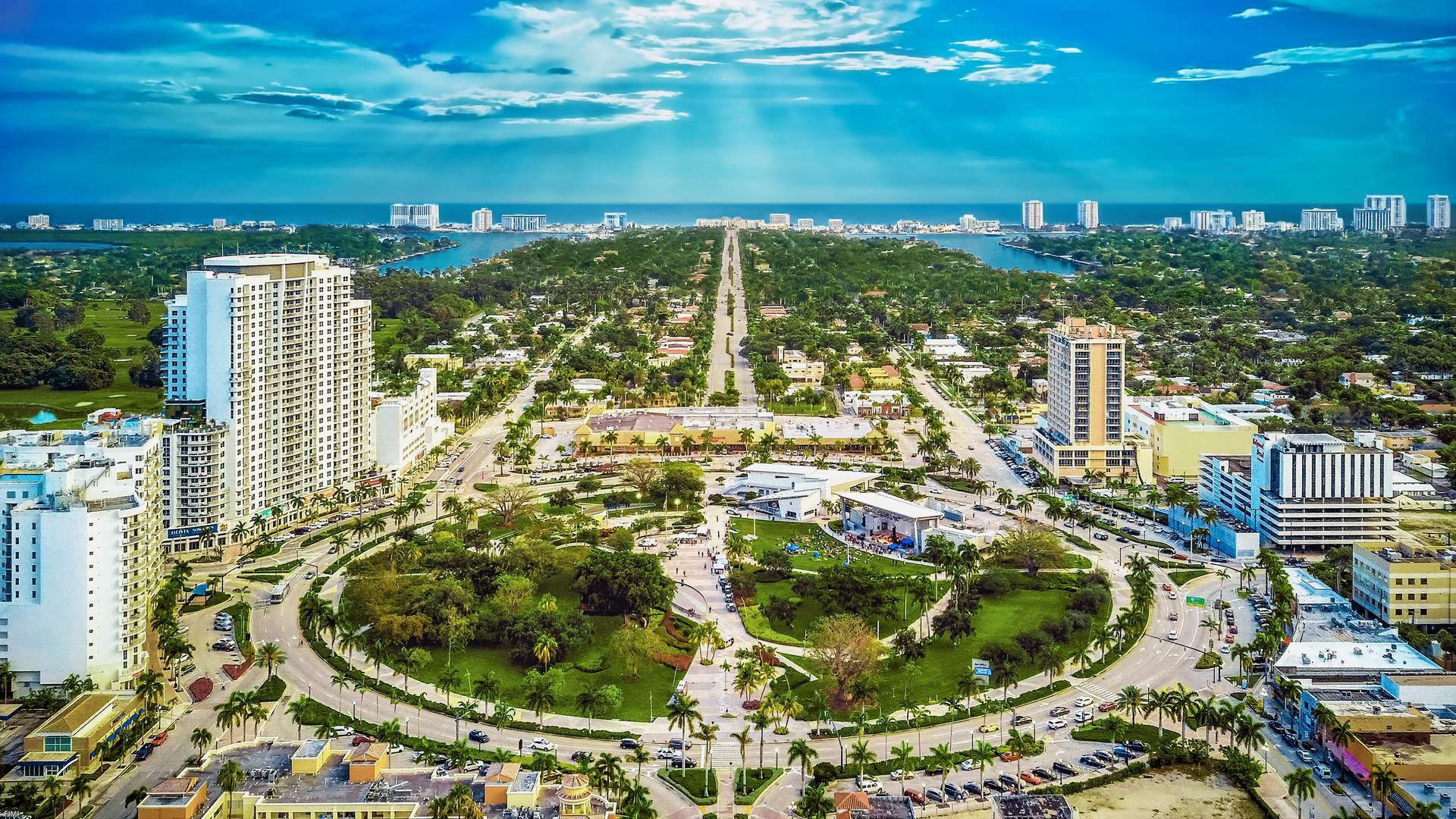 Aerial view of Young Circle and palm-lined Hollywood Boulevard leading to the Broadwalk