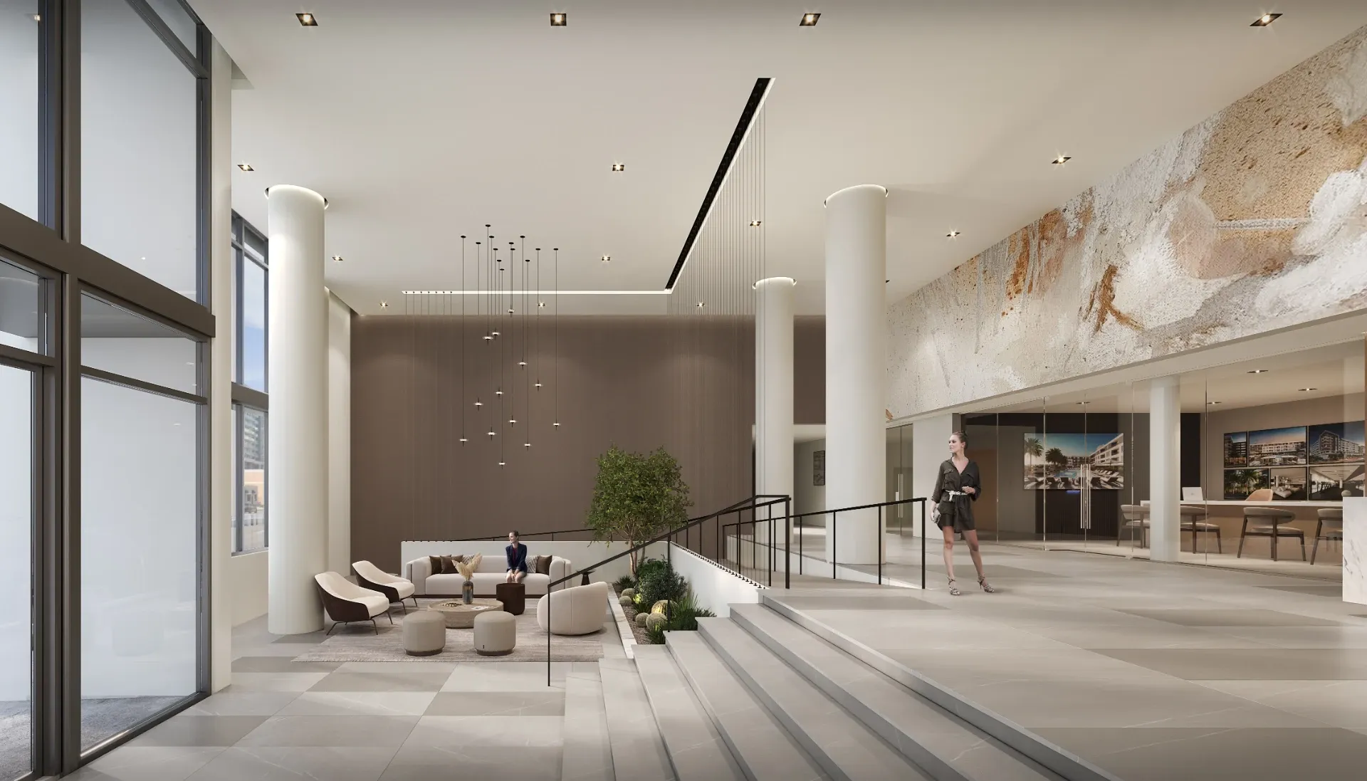 A light-filled grand entrance lobby with elegant seating and high design elements