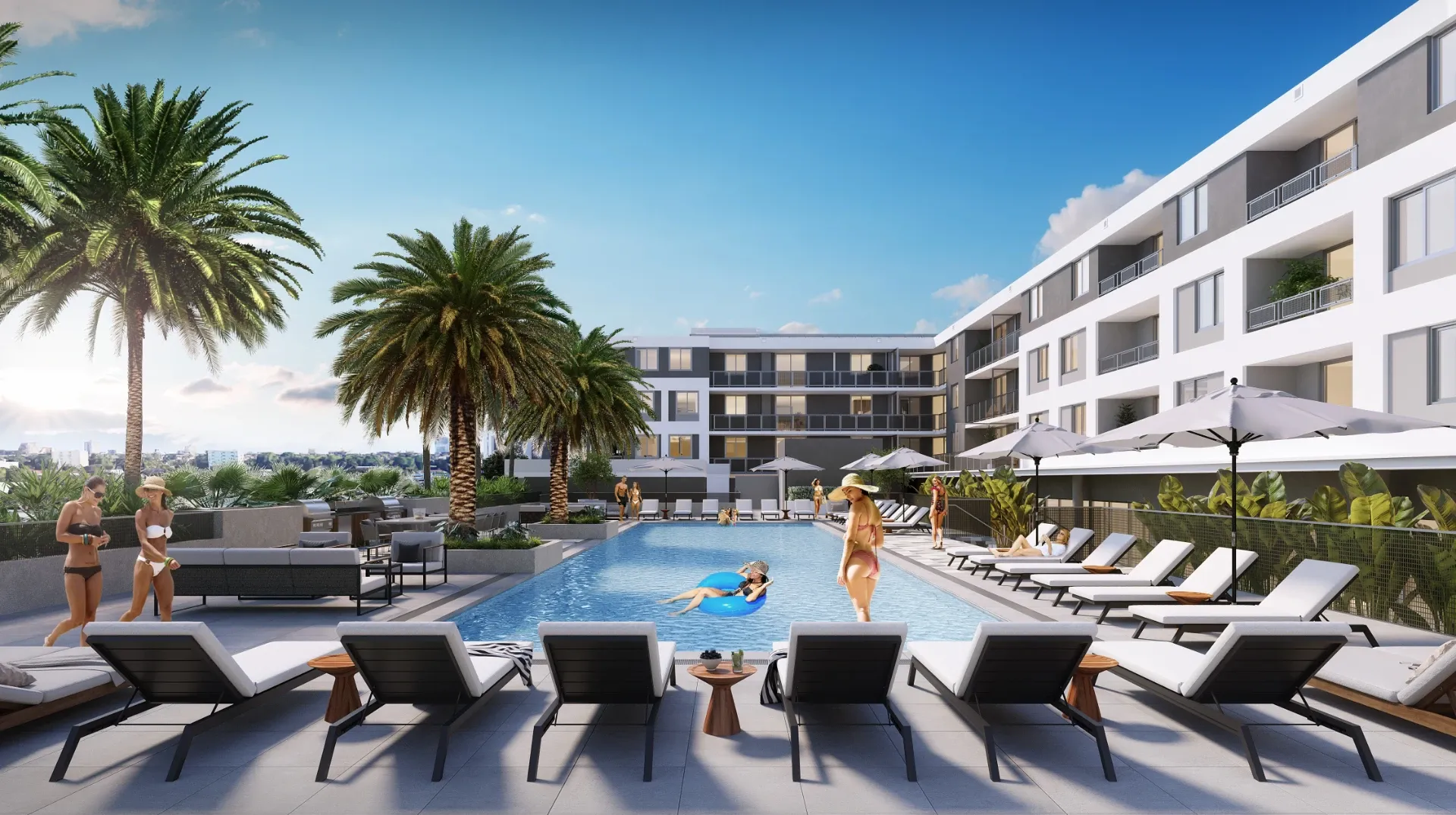 A rendering of the central pool deck with lounge seating, umbrellas and grilling stations